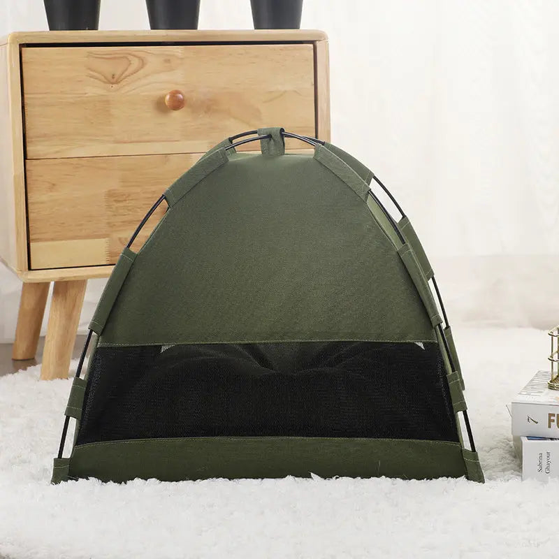 Cat tent with integrated cooling mat, featuring a cozy design and breathable materials for comfort and easy transport.
