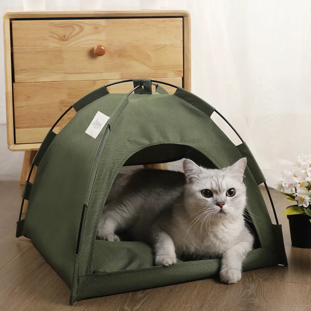 Tente pour chat avec tapis rafraîchissant intégré et design cosy, offrant confort et fraîcheur.
