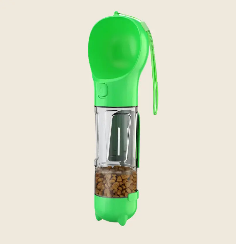 Gourde multifonctions pour chien, verte, avec compartiments pour eau et croquettes, facile à transporter.