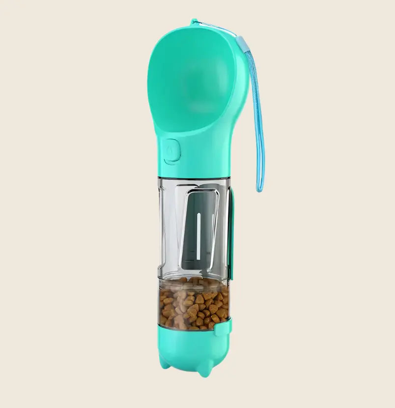 Multifunctional dog water bottle with storage, easy to transport, promotes hydration and hygiene.