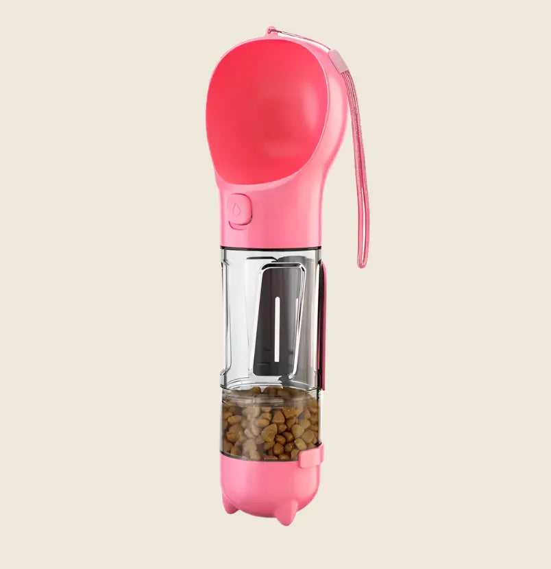 Multifunctional dog water bottle with food storage and waste management, pink, portable.