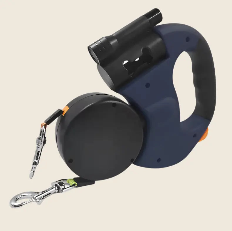 Laisse rétractable anti-enchevêtrement noire avec poignée ergonomique et mousqueton argenté.