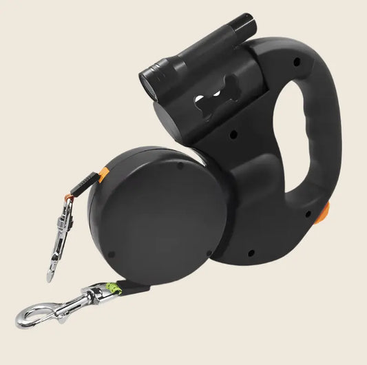 Laisse rétractable noir anti-enchevêtrement avec poignée ergonomique.