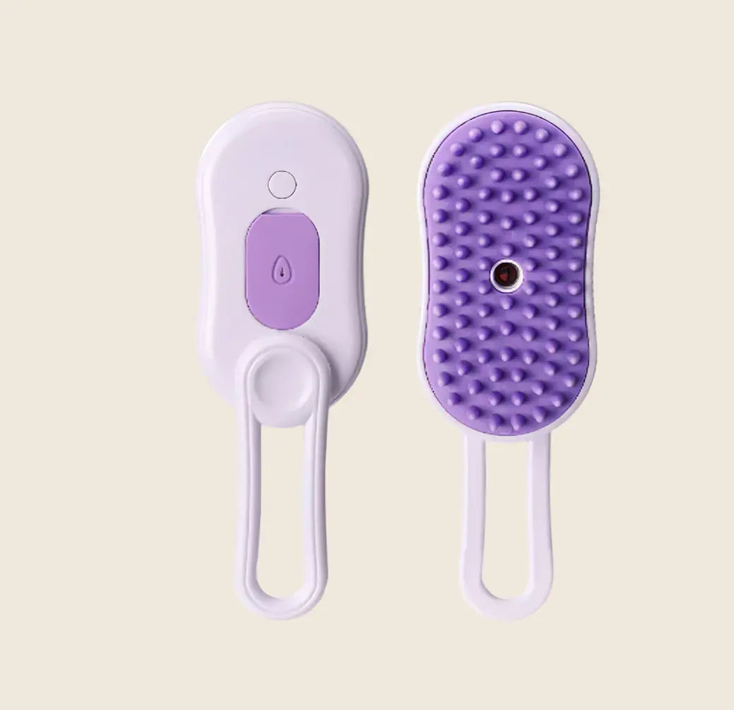 Brosse à vapeur blanche et violette avec poignée.