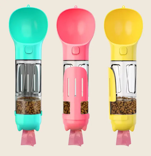 Multifunction dog water bottle in teal, pink, and yellow for hydration and convenience.
