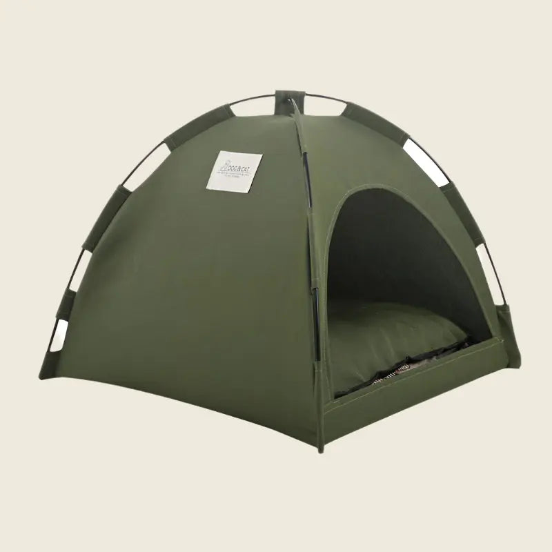Cat tent with integrated cooling mat, cozy design, breathable materials, easy to transport.
