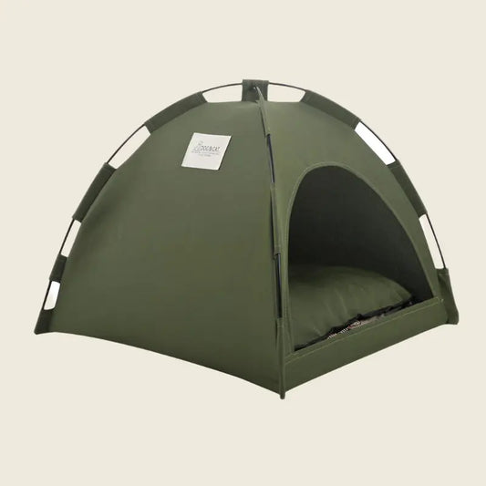 Cat tent with integrated cooling mat, cozy design, breathable materials, easy to transport.