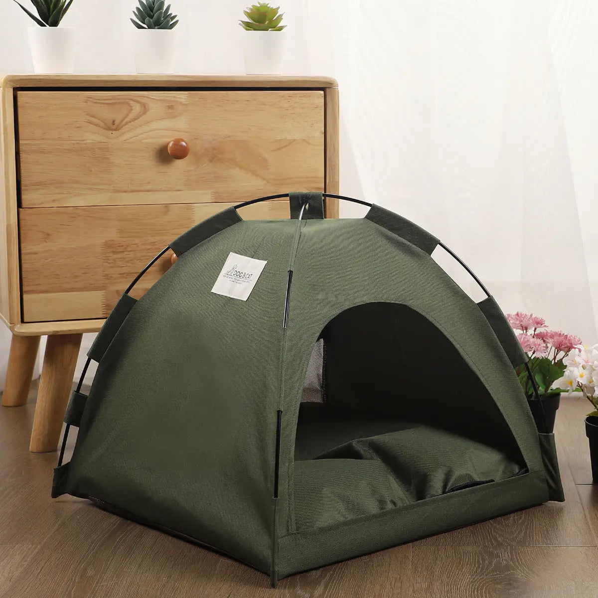 Cat tent with cooling mat, providing a cozy and stylish refuge.