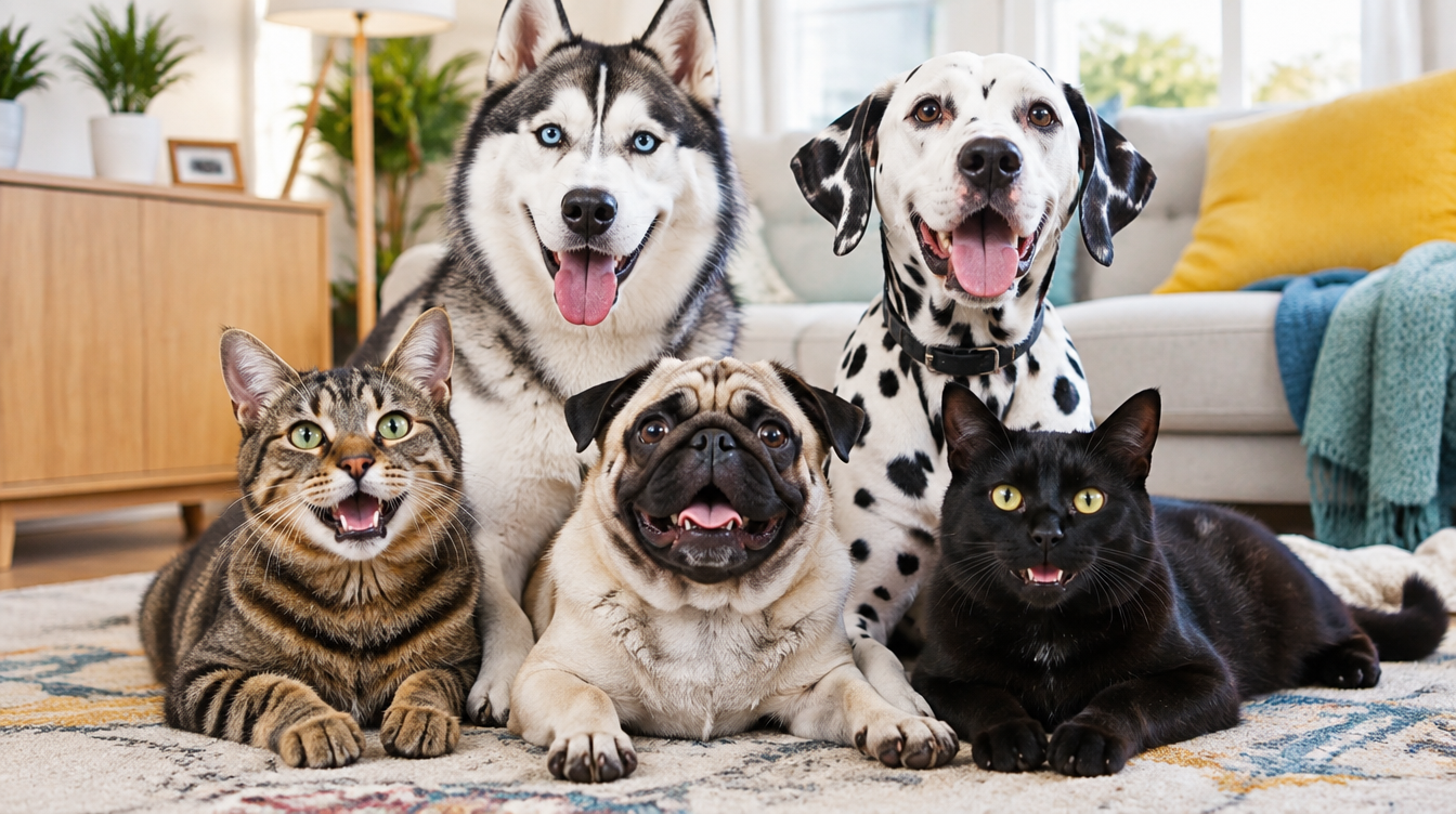 A happy group of dogs and cats