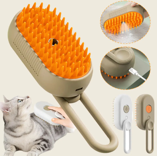 Brosse à vapeur pour animaux avec recharge USB, utilisée sur un chat.