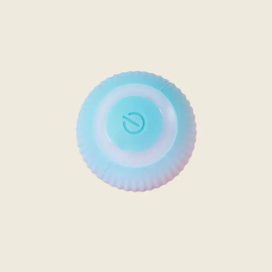 Smart cat ball in blue with power button.