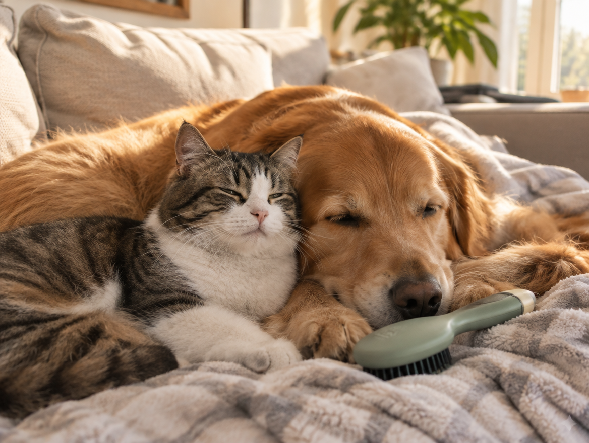 A cat and a golden retriever cuddled on the sofa