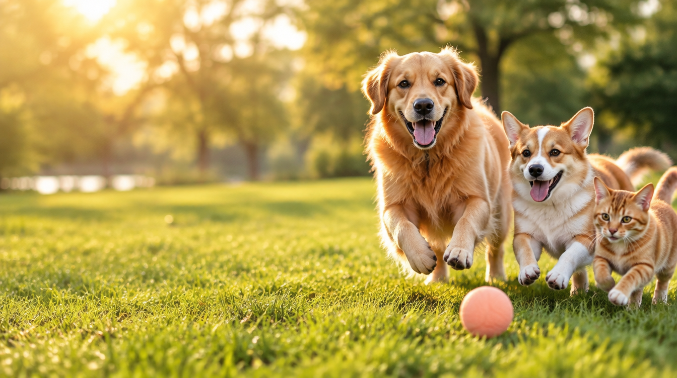Happy dogs and a cat playing with a ball in the park