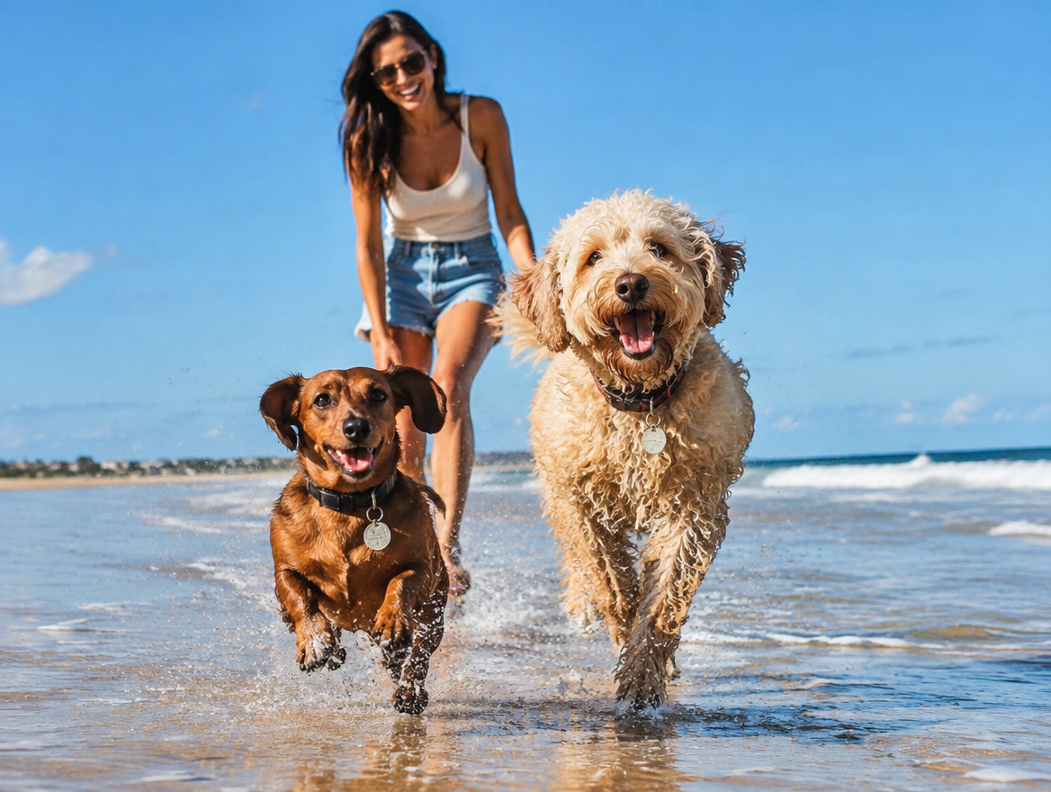 Two dogs running happily on the beach